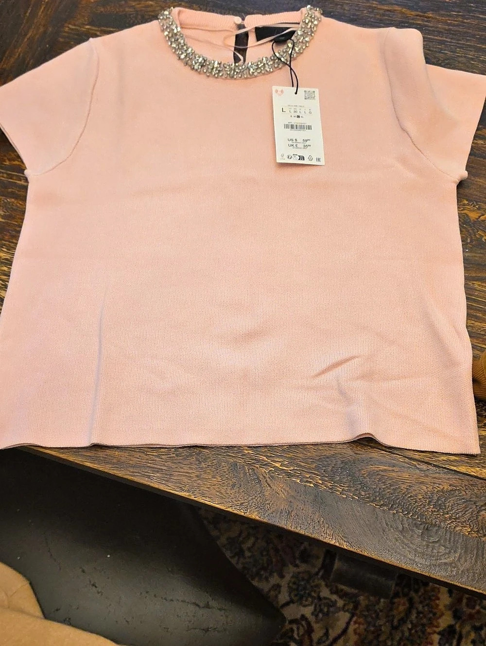 Zara Jewel Knit Top Embellished Collar Pink Large Nwt